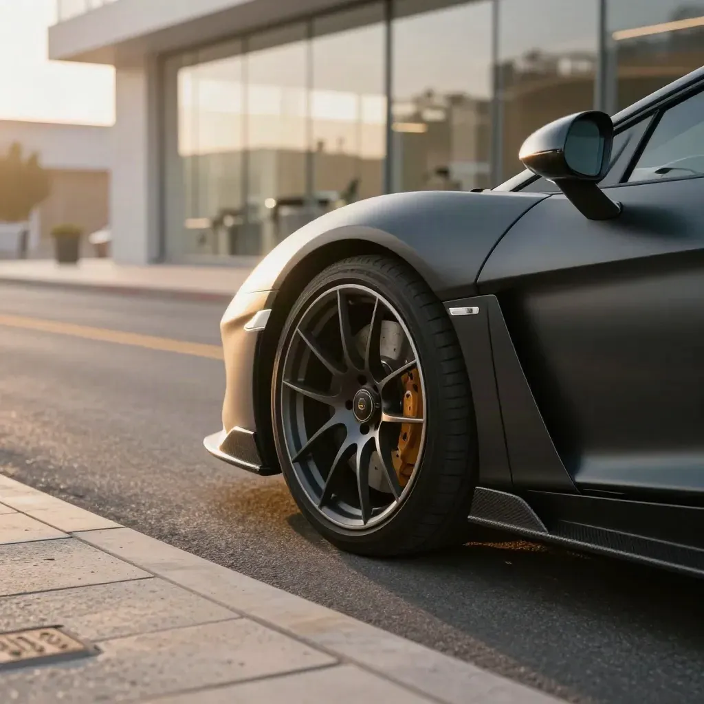 Matte black supercar front quarter rolling past a glass dealership at sunrise
