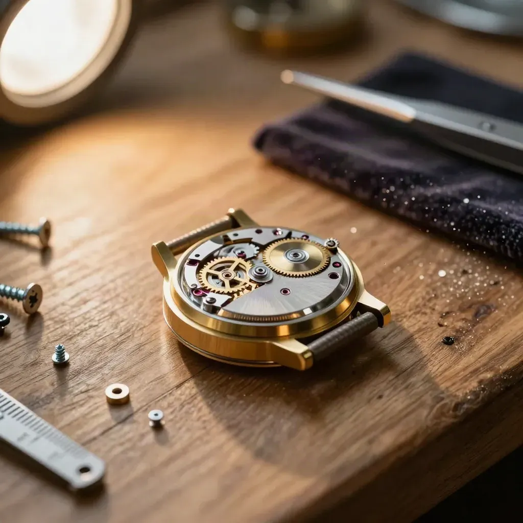 Watchmaker's bench with gold case, movement parts, tweezers and velvet pad in warm late-afternoon light.