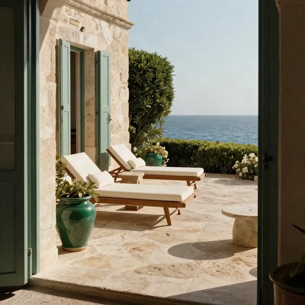 Stone villa terrace with emerald planter, pale loungers, open shutters, and sea beyond.