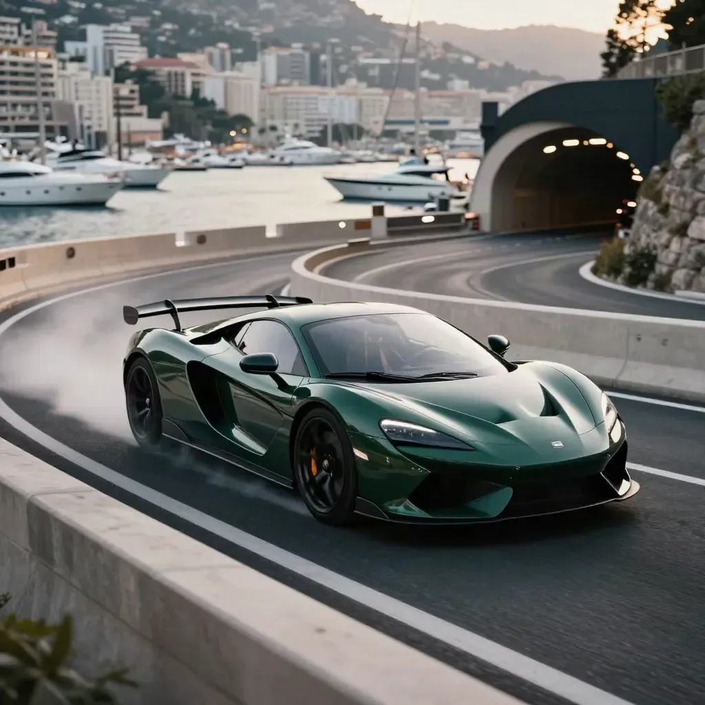 Dark green supercar speeding past Monaco harbor with yachts and mist