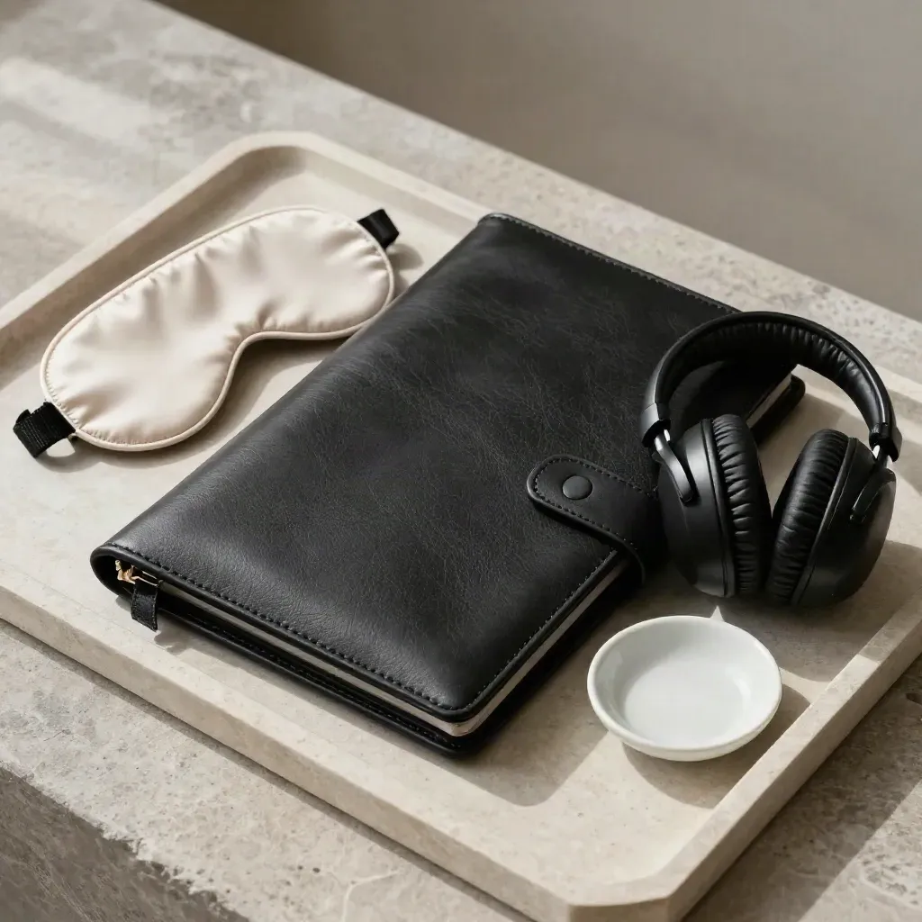 Black flight folio with eye mask, headphones, and ceramic dish on a pale stone tray.